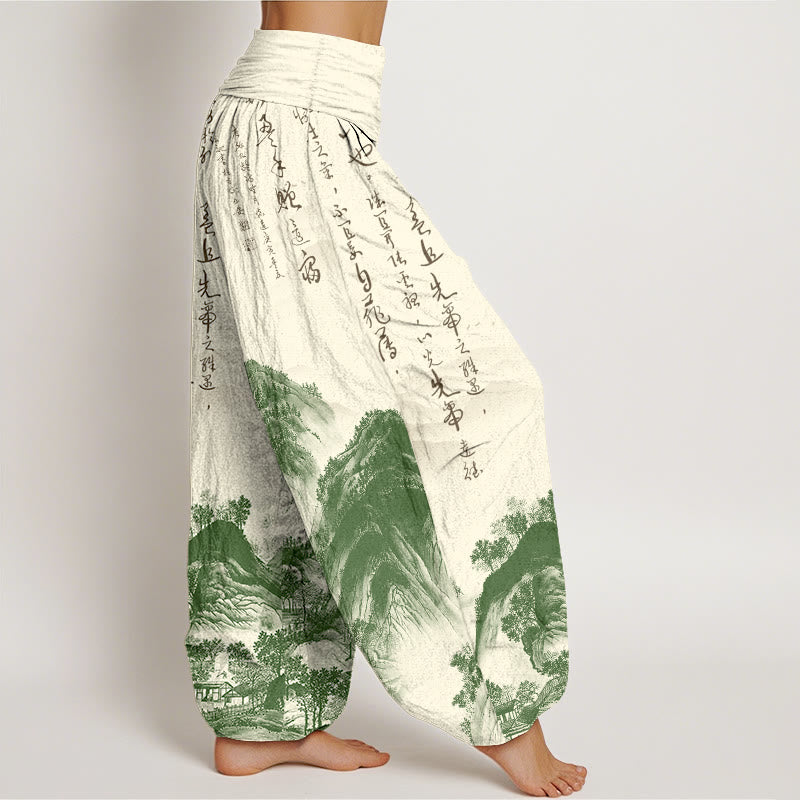 Pantalones bombachos de cintura elástica para mujer, de algodón puro con estampado de paisajes y caligrafía china con Buddha Stones - image 2
