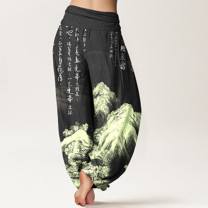 Pantalones bombachos de cintura elástica para mujer, de algodón puro con estampado de paisajes y caligrafía china con Buddha Stones - image 6