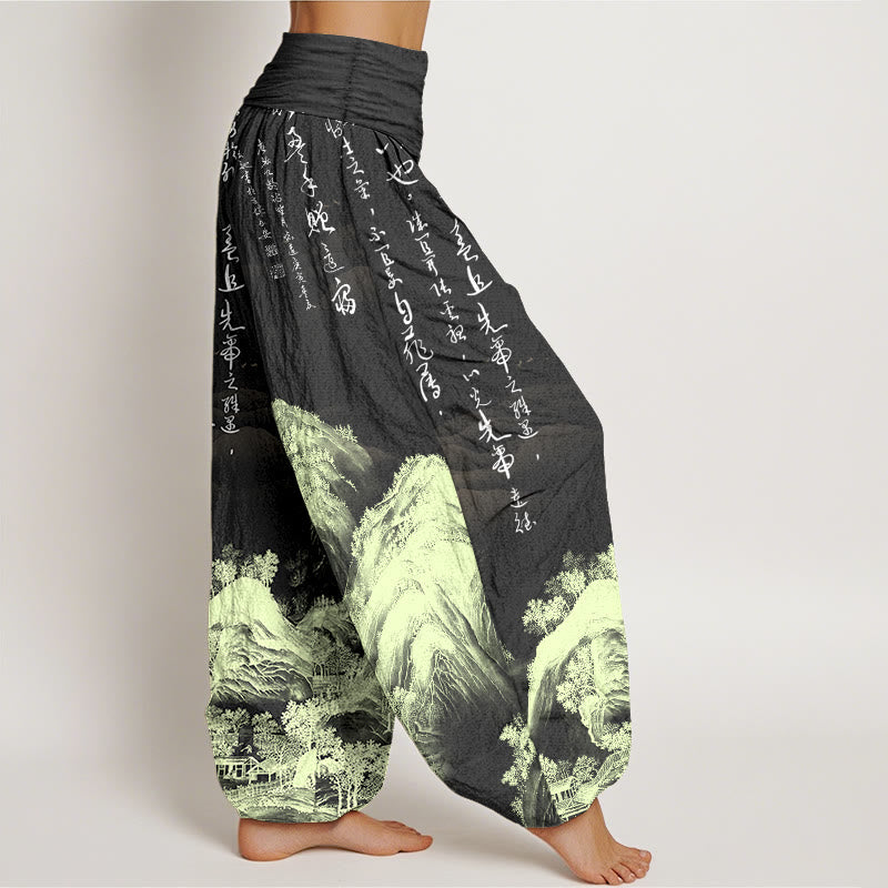 Pantalones bombachos de cintura elástica para mujer, de algodón puro con estampado de paisajes y caligrafía china con Buddha Stones - image 7