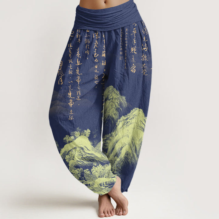 Pantalones bombachos de cintura elástica para mujer, de algodón puro con estampado de paisajes y caligrafía china con Buddha Stones - Azul oscuro - US16，UK/AU20，EU48 (3XL) - image 8