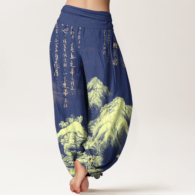 Pantalones bombachos de cintura elástica para mujer, de algodón puro con estampado de paisajes y caligrafía china con Buddha Stones - image 9