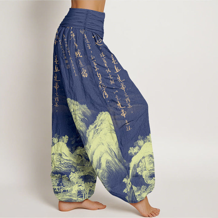 Pantalones bombachos de cintura elástica para mujer, de algodón puro con estampado de paisajes y caligrafía china con Buddha Stones - image 10