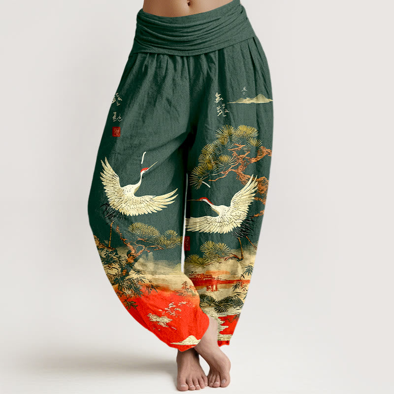 Pantalones bombachos de cintura elástica para mujer, de algodón puro con estampado de grullas y pinos, con piedras de Buddha Stones. - Verde oscuro - US16，UK/AU20，EU48 (3XL) - image 0