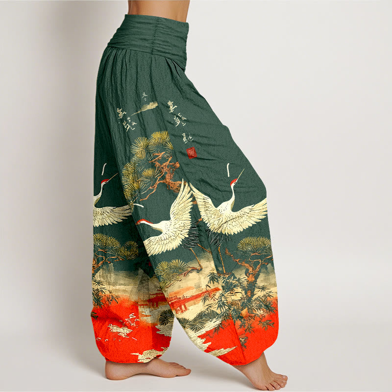 Pantalones bombachos de cintura elástica para mujer, de algodón puro con estampado de grullas y pinos, con piedras de Buddha Stones. - image 2
