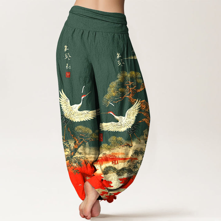 Pantalones bombachos de cintura elástica para mujer, de algodón puro con estampado de grullas y pinos, con piedras de Buddha Stones. - image 1