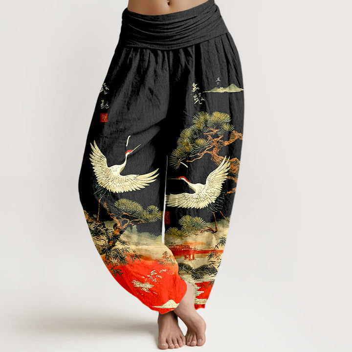 Pantalones bombachos de cintura elástica para mujer, de algodón puro con estampado de grullas y pinos, con piedras de Buddha Stones. - Negro - US16，UK/AU20，EU48 (3XL) - image 5