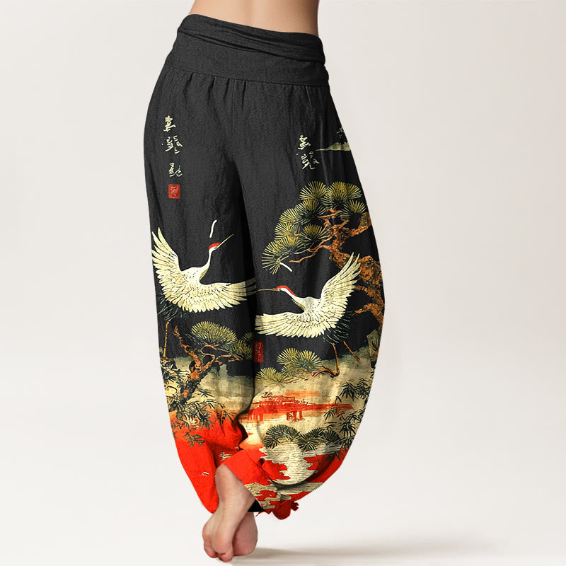 Pantalones bombachos de cintura elástica para mujer, de algodón puro con estampado de grullas y pinos, con piedras de Buddha Stones. - image 6
