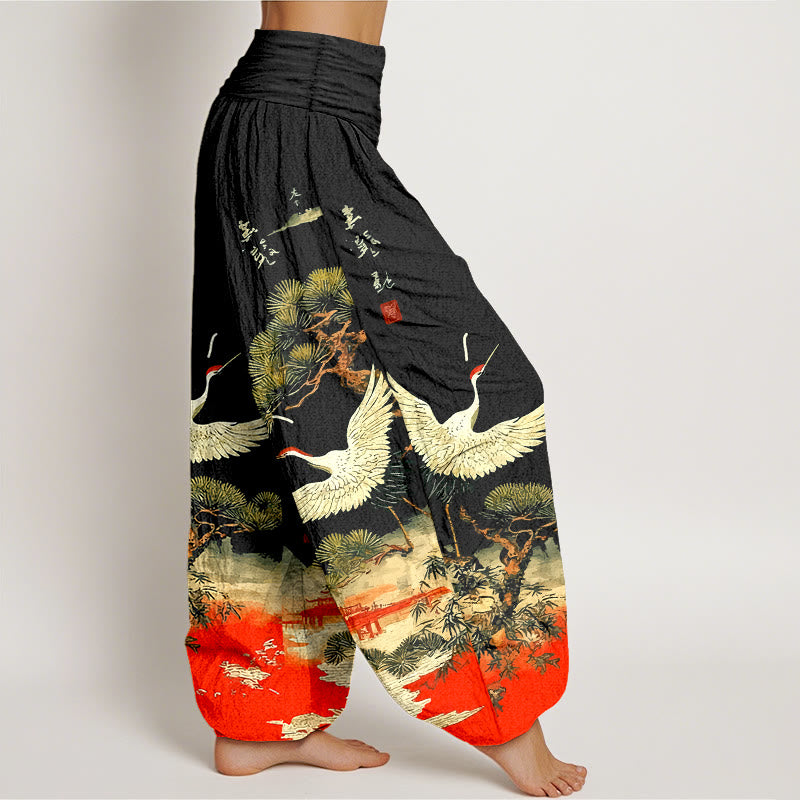 Pantalones bombachos de cintura elástica para mujer, de algodón puro con estampado de grullas y pinos, con piedras de Buddha Stones. - image 7