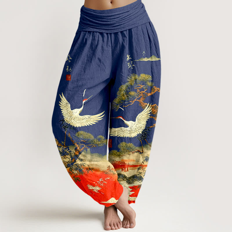 Pantalones bombachos de cintura elástica para mujer, de algodón puro con estampado de grullas y pinos, con piedras de Buddha Stones. - Marina de guerra - US16，UK/AU20，EU48 (3XL) - image 8