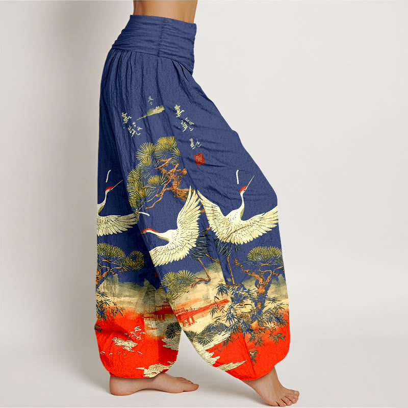 Pantalones bombachos de cintura elástica para mujer, de algodón puro con estampado de grullas y pinos, con piedras de Buddha Stones. - image 10