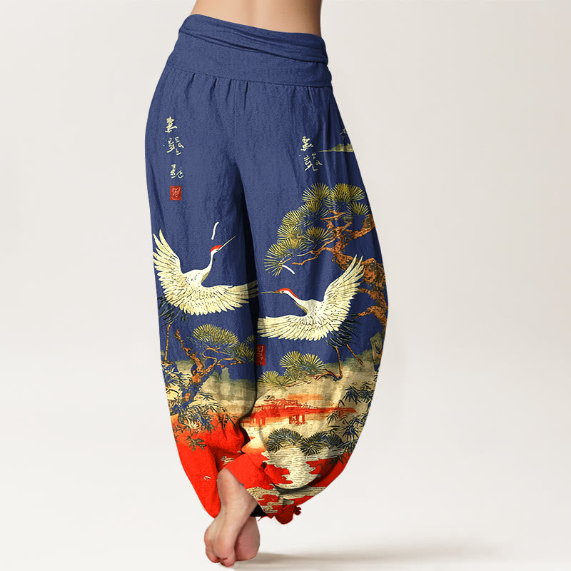 Pantalones bombachos de cintura elástica para mujer, de algodón puro con estampado de grullas y pinos, con piedras de Buddha Stones. - image 9