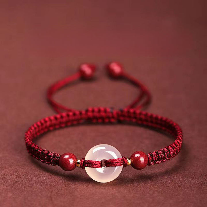 Pulsera de conexión con hilo rojo, hebilla de la paz con Buddha Stones, nudo plano de ágata blanca y nudo de diamante. - Nudo plano Cuerda rojo oscuro - image 0