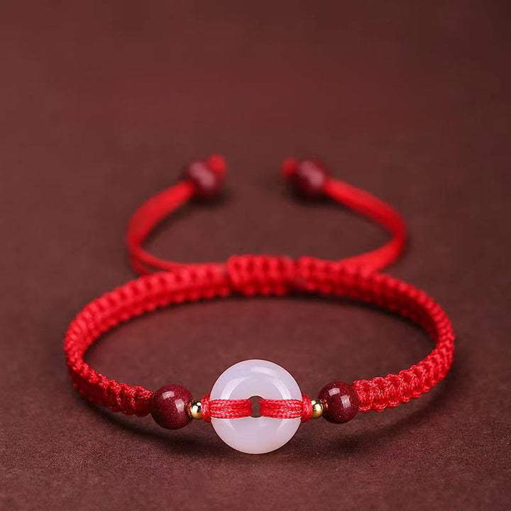 Pulsera de conexión con hilo rojo, hebilla de la paz con Buddha Stones, nudo plano de ágata blanca y nudo de diamante. - Nudo plano de cuerda roja - image 12