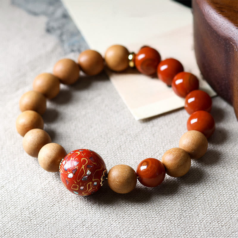 Pulsera protectora de cuentas artesanales lacadas con Buddha Stones, sándalo y ágata roja del sur - Sándalo (circunferencia de la muñeca: 14-16 cm) - image 1