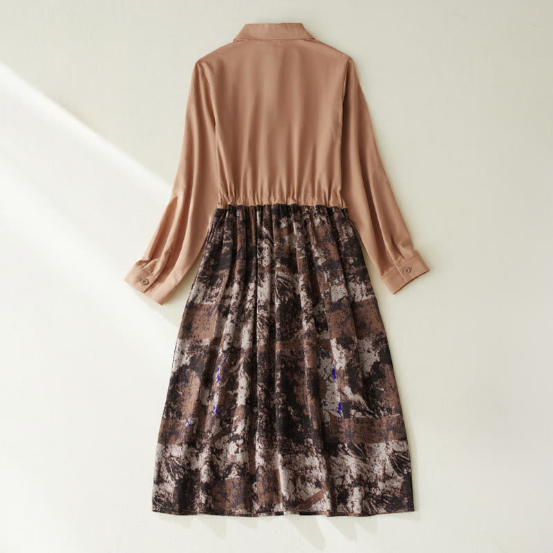 Vestido midi de lino con estampado patchwork otoñal de Buddha Stones, manga larga con cordón ajustable y bolsillos. - image 12