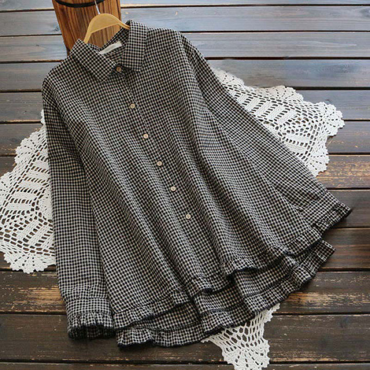 Camisa de manga larga para mujer con botones, diseño de cuadros con volantes y estampado de Buddha Stones para primavera. - Negro - US16, UK/AU20, EU48 (4XL) - image 4