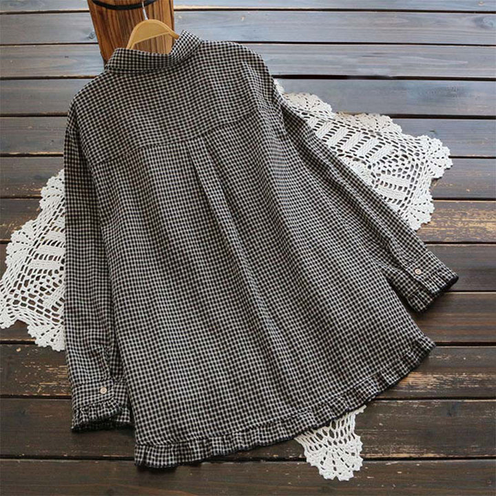 Camisa de manga larga para mujer con botones, diseño de cuadros con volantes y estampado de Buddha Stones para primavera. - image 5