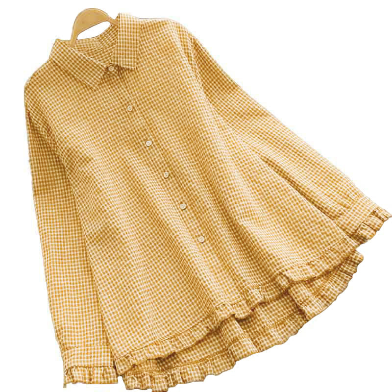 Camisa de manga larga para mujer con botones, diseño de cuadros con volantes y estampado de Buddha Stones para primavera. - image 3