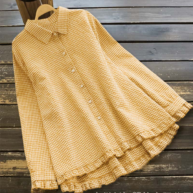 Camisa de manga larga para mujer con botones, diseño de cuadros con volantes y estampado de Buddha Stones para primavera. - Amarillo - US14, UK/AU18, EU46 (4XL) - image 2