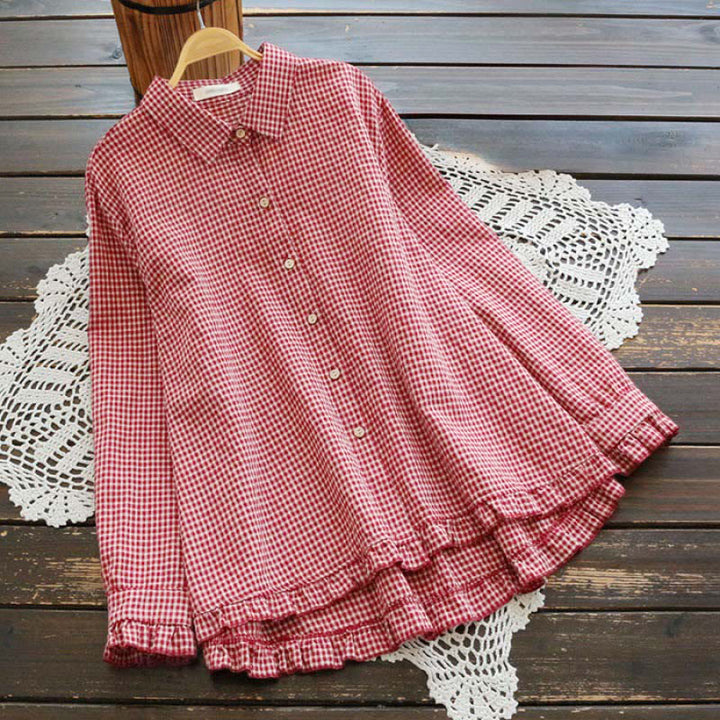 Camisa de manga larga para mujer con botones, diseño de cuadros con volantes y estampado de Buddha Stones para primavera. - Carmesí - US14, UK/AU18, EU46 (4XL) - image 0