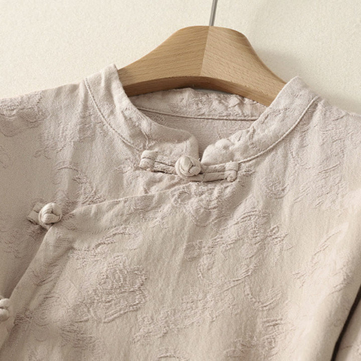Camisa de manga larga con botones, estampado jacquard de Buddha Stones y tapeta diagonal para mujer, de algodón y lino. - image 2