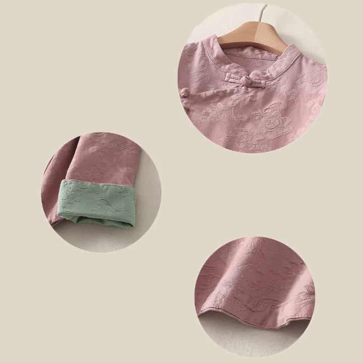 Camisa de manga larga con botones, estampado jacquard de Buddha Stones y tapeta diagonal para mujer, de algodón y lino. - image 19