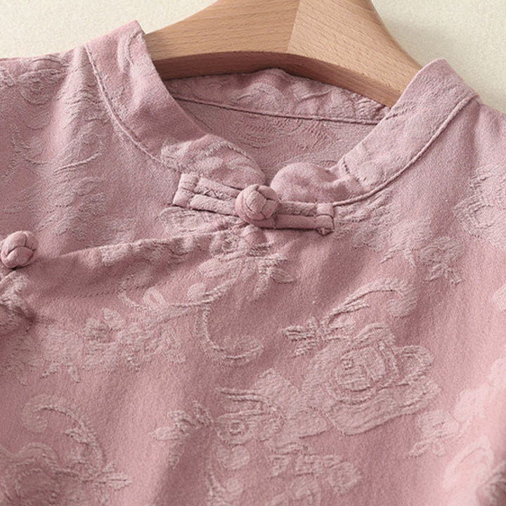 Camisa de manga larga con botones, estampado jacquard de Buddha Stones y tapeta diagonal para mujer, de algodón y lino. - image 13