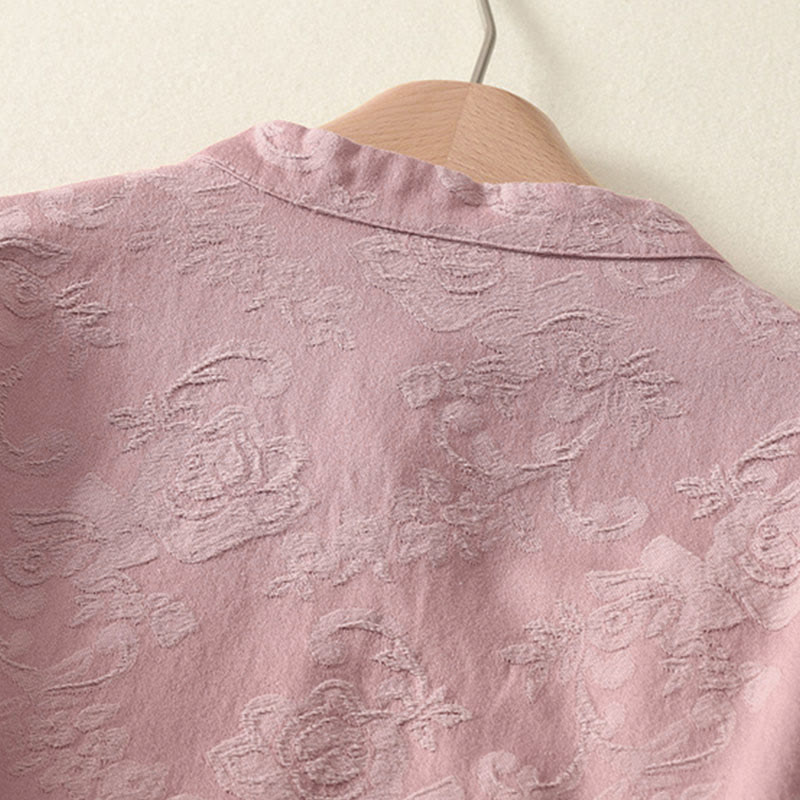 Camisa de manga larga con botones, estampado jacquard de Buddha Stones y tapeta diagonal para mujer, de algodón y lino. - image 14