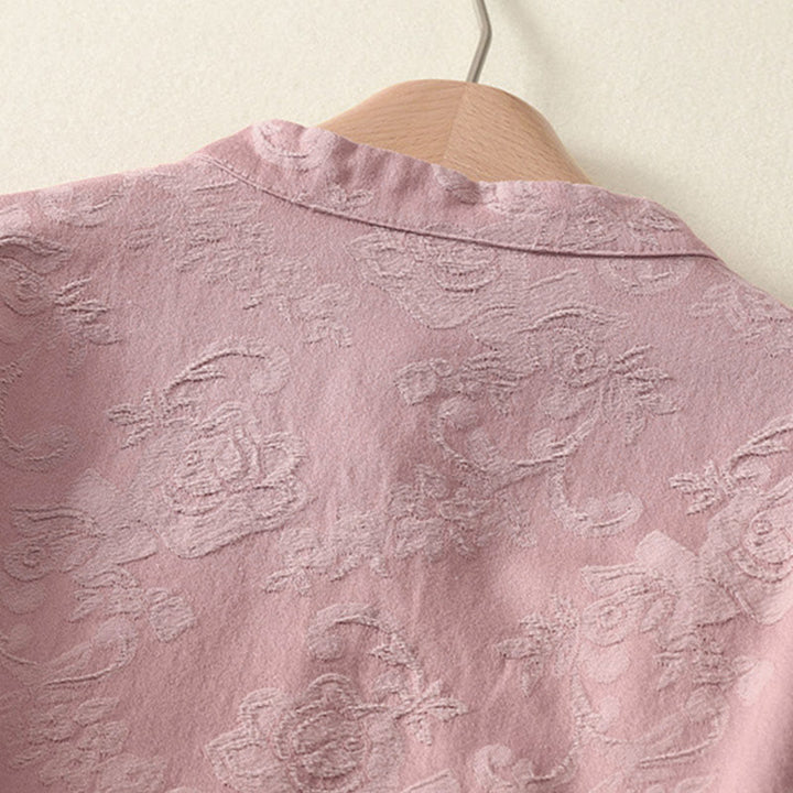 Camisa de manga larga con botones, estampado jacquard de Buddha Stones y tapeta diagonal para mujer, de algodón y lino. - image 14