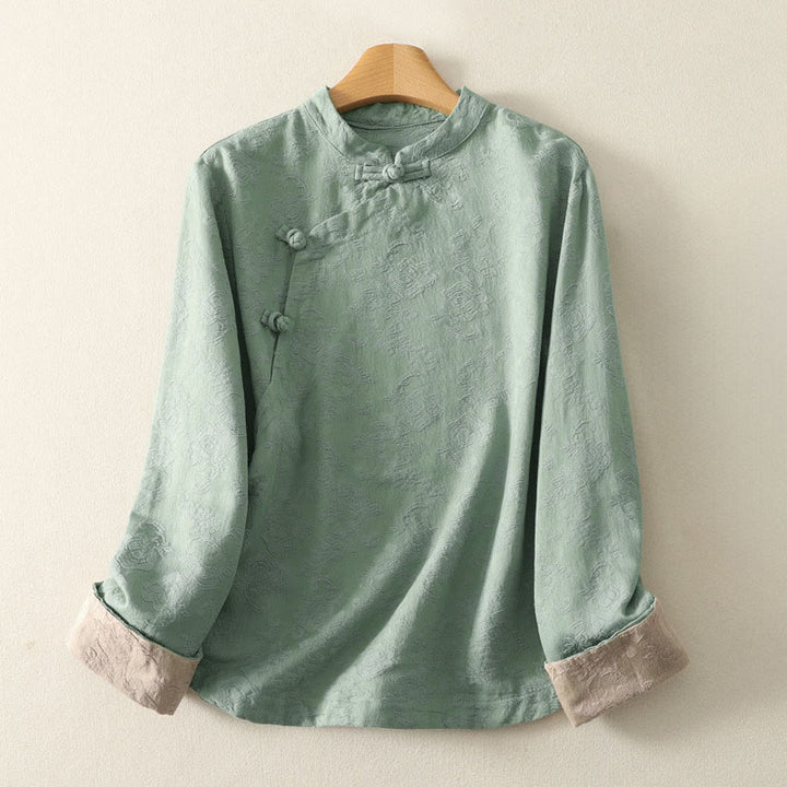Camisa de manga larga con botones, estampado jacquard de Buddha Stones y tapeta diagonal para mujer, de algodón y lino. - Aguamarina medio - US8-10，UK/AU12-14，EU40-42 (2XL) - image 6