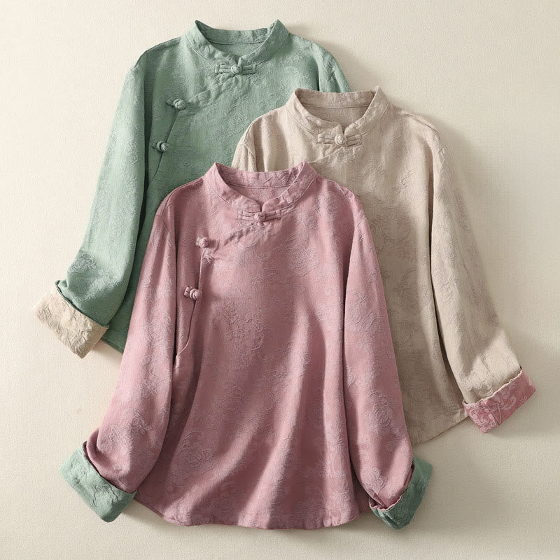 Camisa de manga larga con botones, estampado jacquard de Buddha Stones y tapeta diagonal para mujer, de algodón y lino. - image 0