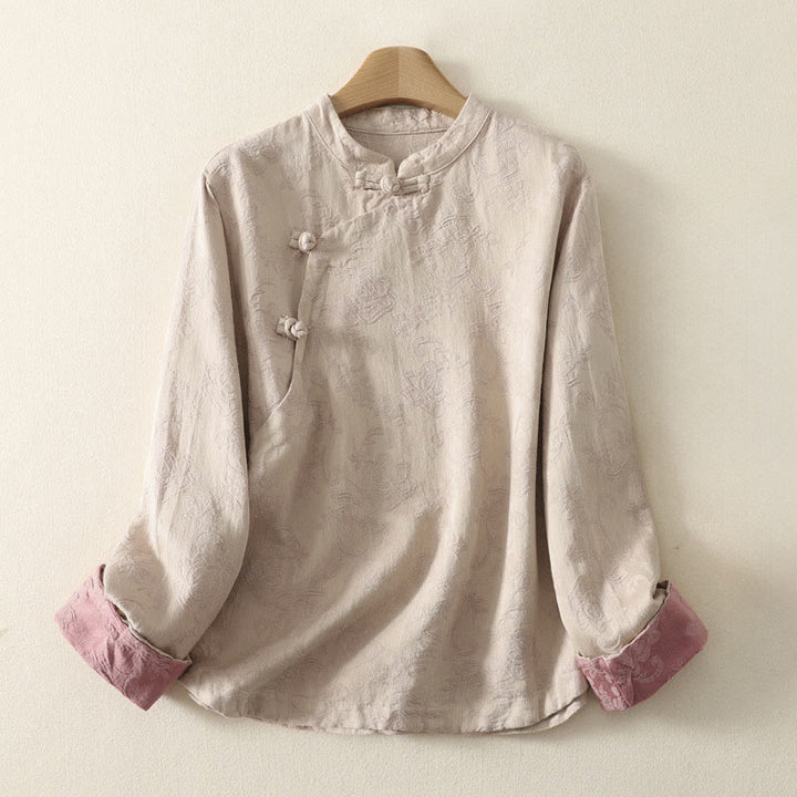 Camisa de manga larga con botones, estampado jacquard de Buddha Stones y tapeta diagonal para mujer, de algodón y lino. - Lino - US8-10，UK/AU12-14，EU40-42 (2XL) - image 1