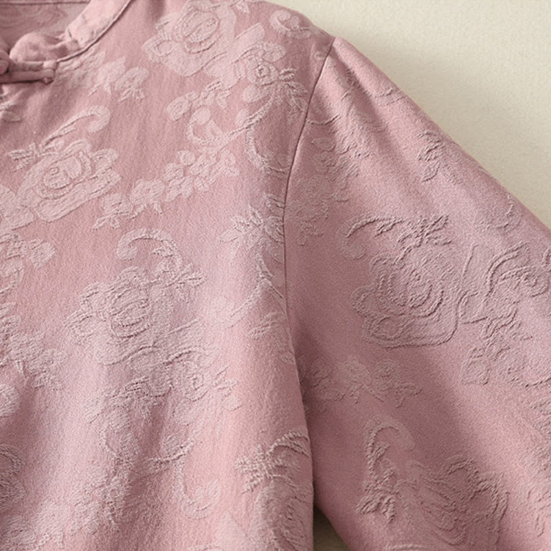 Camisa de manga larga con botones, estampado jacquard de Buddha Stones y tapeta diagonal para mujer, de algodón y lino. - image 15