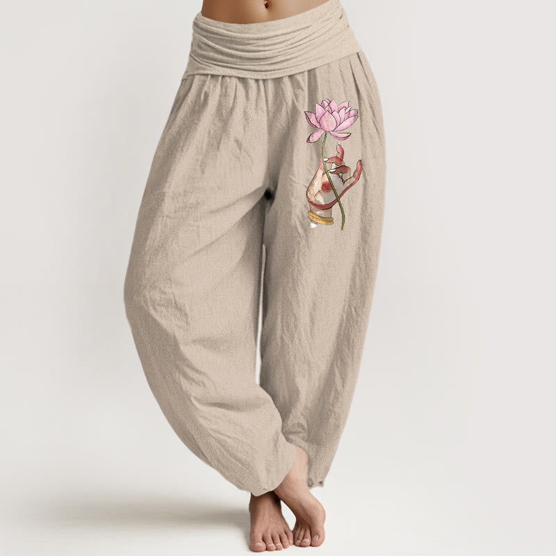 Pantalones bombachos de algodón con cintura elástica para mujer, con estampado de Buddha Stones sosteniendo una mano y un delicado patrón de loto. - Verde oliva - US16，UK/AU20，EU48 (3XL) - image 11