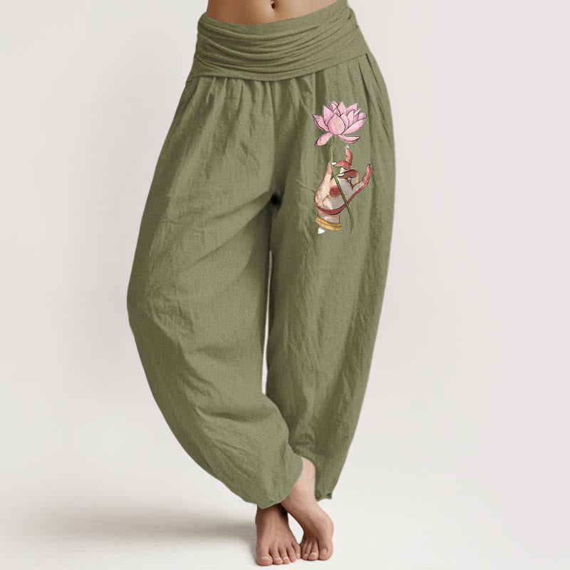 Pantalones bombachos de algodón con cintura elástica para mujer, con estampado de Buddha Stones sosteniendo una mano y un delicado patrón de loto. - Negro - US16，UK/AU20，EU48 (3XL) - image 14