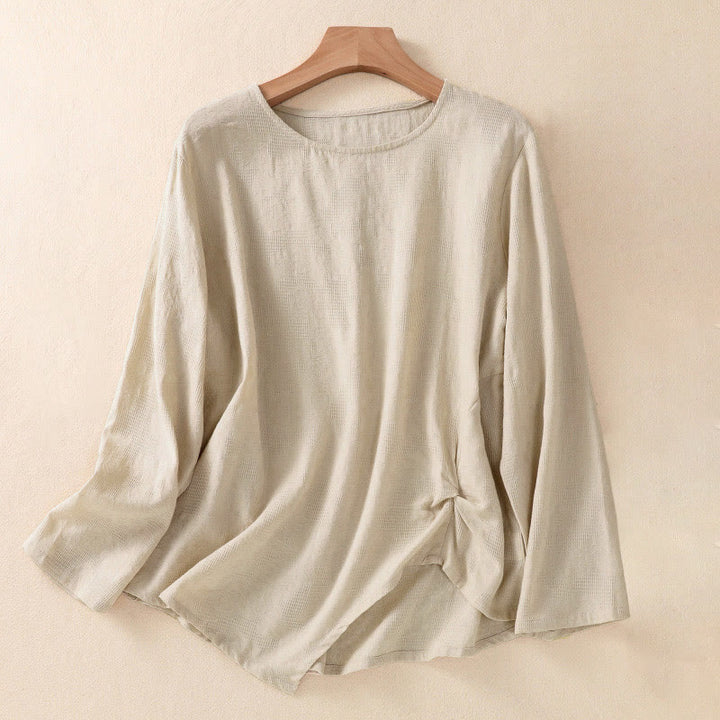 Camisa de manga larga para mujer con diseño plisado y dobladillo irregular en jacquard con Buddha Stones . - Lino - US8-10，UK/AU12-14，EU40-42 (2XL) - image 25