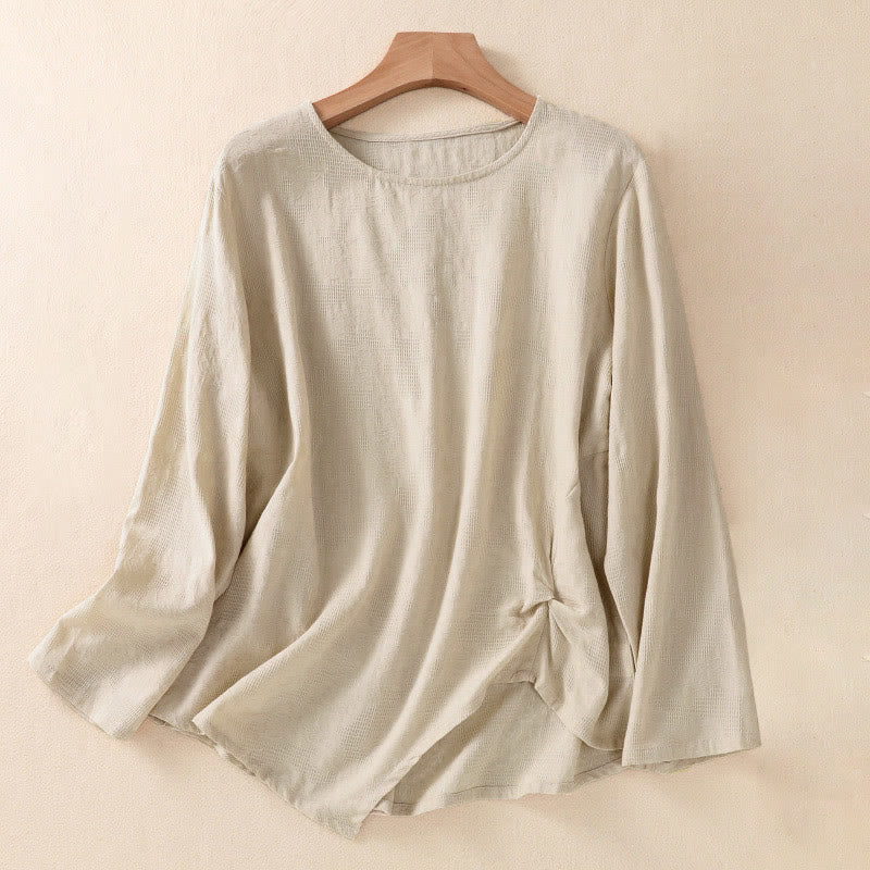 Camisa de manga larga de algodón para mujer con diseño plisado y bajo irregular en jacquard con Buddha Stones - Lino - US8-10，UK/AU12-14，EU40-42 (2XL) - image 25