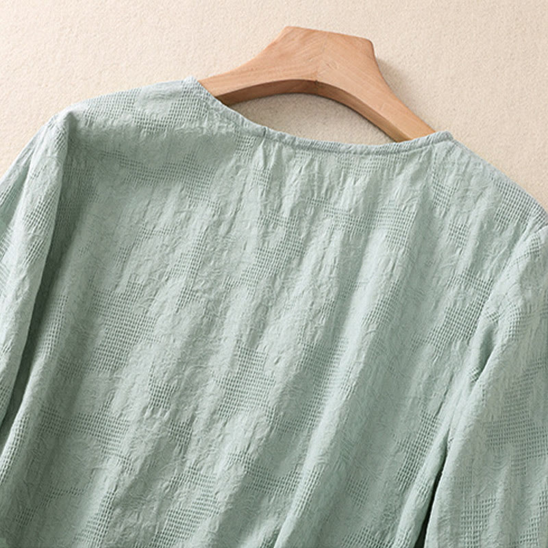 Camisa de manga larga para mujer con diseño plisado y dobladillo irregular en jacquard con Buddha Stones . - image 36