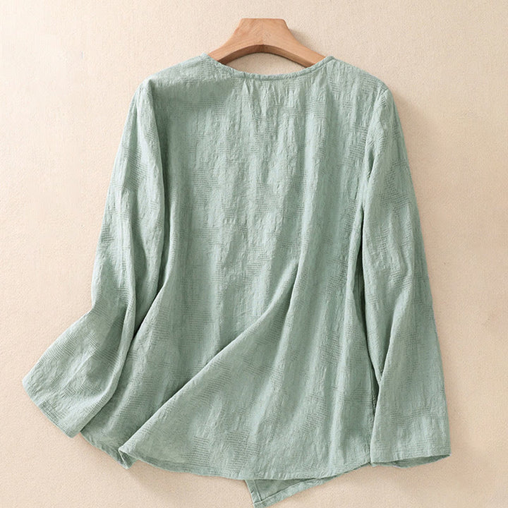 Camisa de manga larga para mujer con diseño plisado y dobladillo irregular en jacquard con Buddha Stones . - image 34