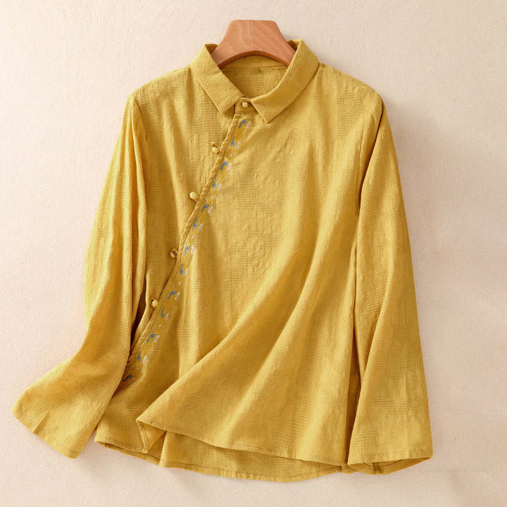 Camisa de manga larga de algodón para mujer con diseño asimétrico bordado de Buddha Stones y botones de rana - Oro - US8-10，UK/AU12-14，EU40-42 (2XL) - image 24