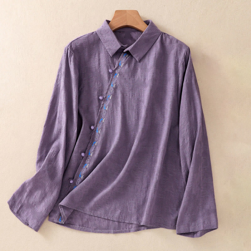 Camisa de manga larga de algodón para mujer con diseño asimétrico bordado de Buddha Stones y botones de rana - Orquídea oscura - US8-10，UK/AU12-14，EU40-42 (2XL) - image 31