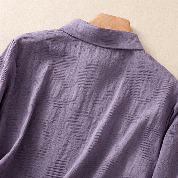 Camisa de manga larga de algodón para mujer con diseño asimétrico bordado de Buddha Stones y botones de rana - image 34