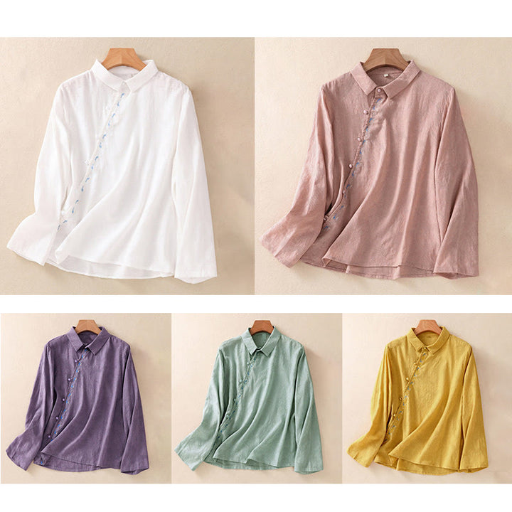 Camisa de manga larga de algodón para mujer con diseño asimétrico bordado de Buddha Stones y botones de rana - image 39