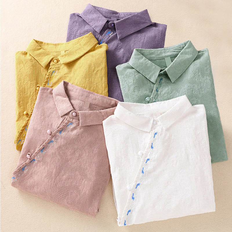 Camisa de manga larga de algodón para mujer con diseño asimétrico bordado de Buddha Stones y botones de rana - image 38