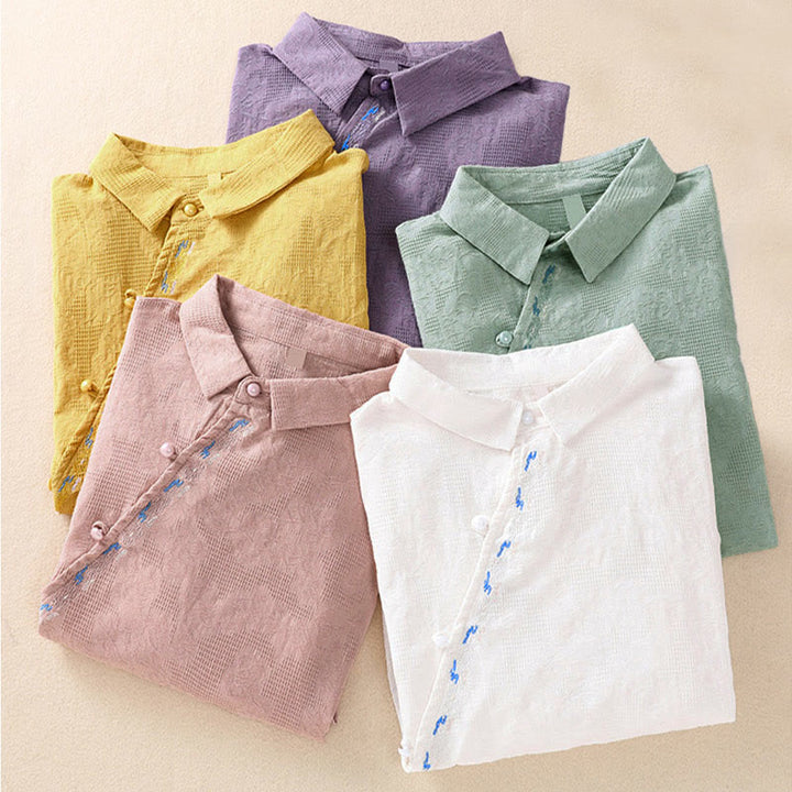 Camisa de manga larga de algodón para mujer con diseño asimétrico bordado de Buddha Stones y botones de rana - image 38