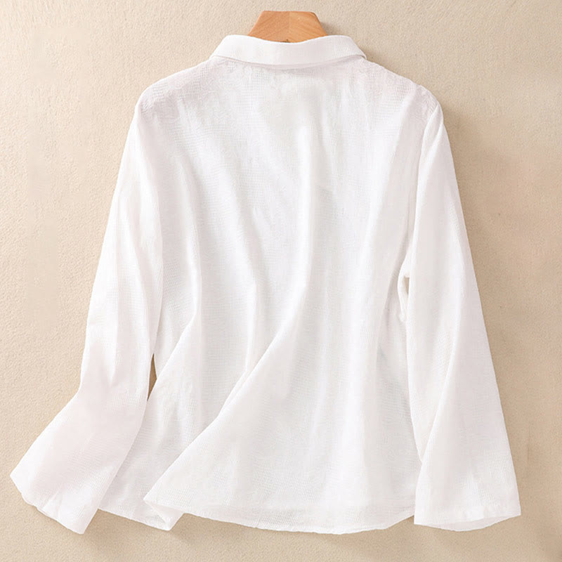 Camisa de manga larga de algodón para mujer con diseño asimétrico bordado de Buddha Stones y botones de rana - image 8