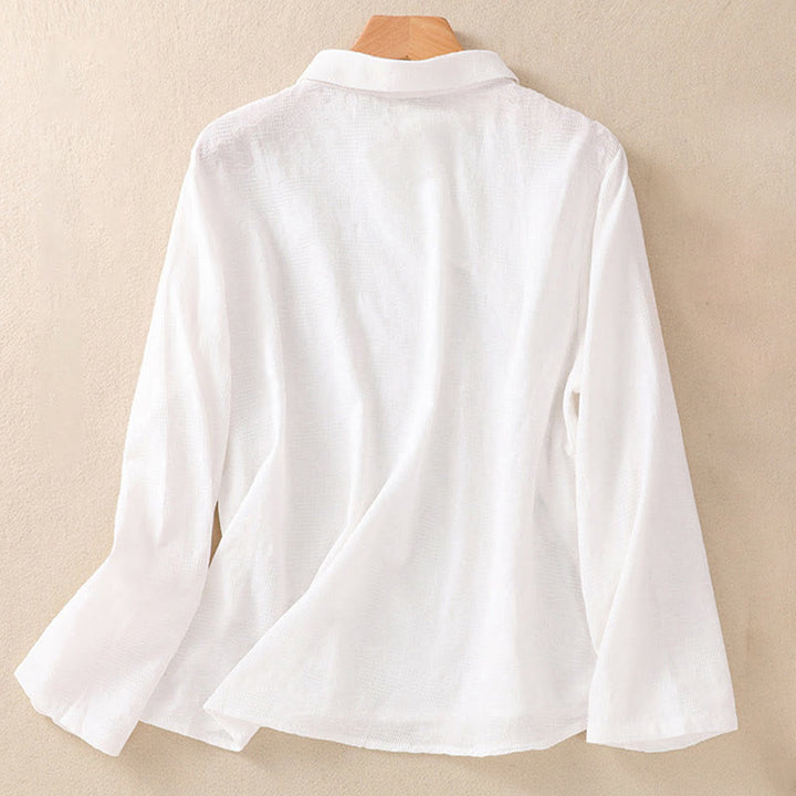 Camisa de manga larga de algodón para mujer con diseño asimétrico bordado de Buddha Stones y botones de rana - image 8