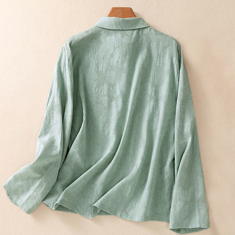 Camisa de manga larga de algodón para mujer con diseño asimétrico bordado de Buddha Stones y botones de rana - image 1