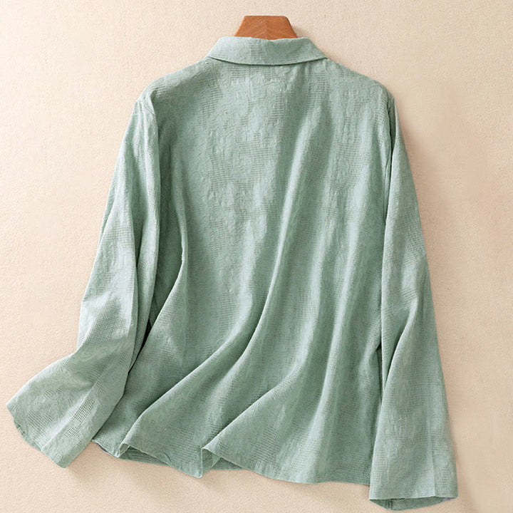 Camisa de manga larga de algodón para mujer con diseño asimétrico bordado de Buddha Stones y botones de rana - image 1