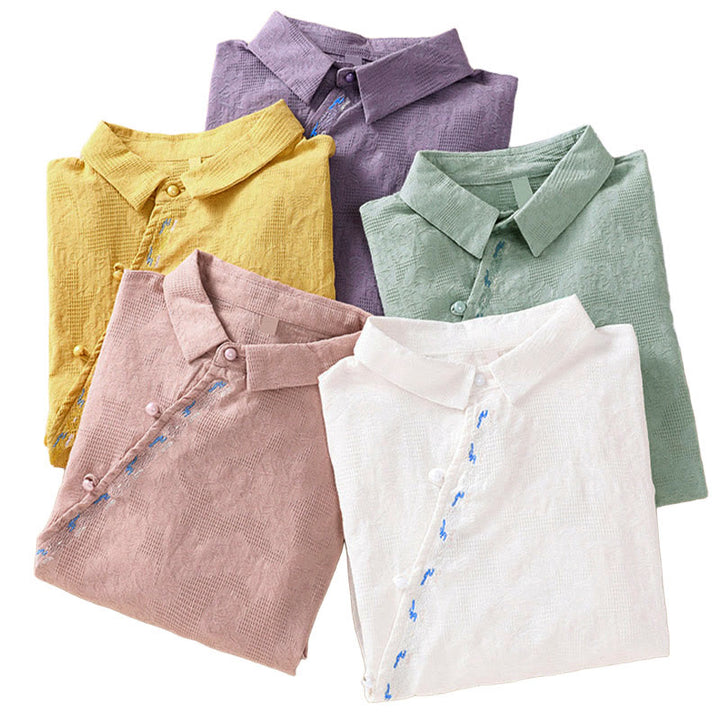 Camisa de manga larga de algodón para mujer con diseño asimétrico bordado de Buddha Stones y botones de rana - image 40